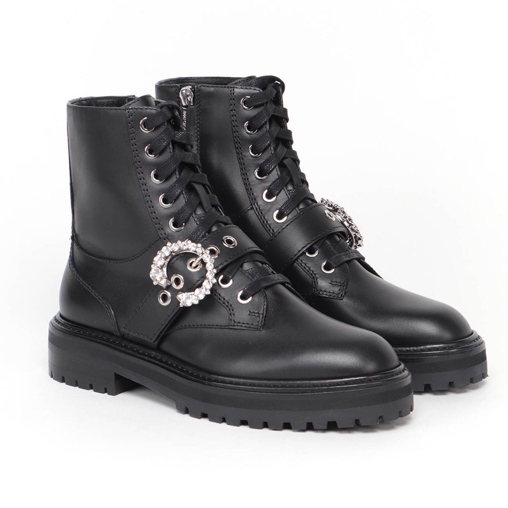 Jimmy Choo Black Leather Combat Boots with Crystal Buckle